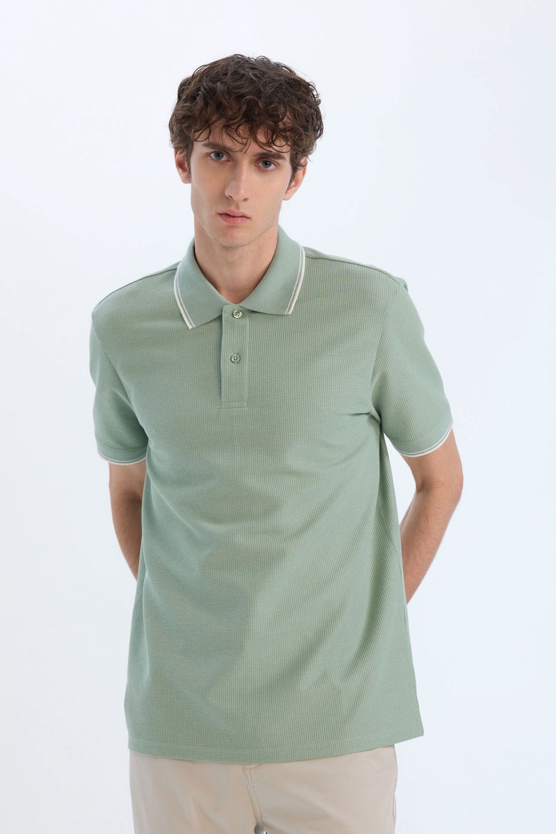 DeFacto Green Man Regular Fit Short Sleeve Waffle Polo Shirt Casual - Image 3